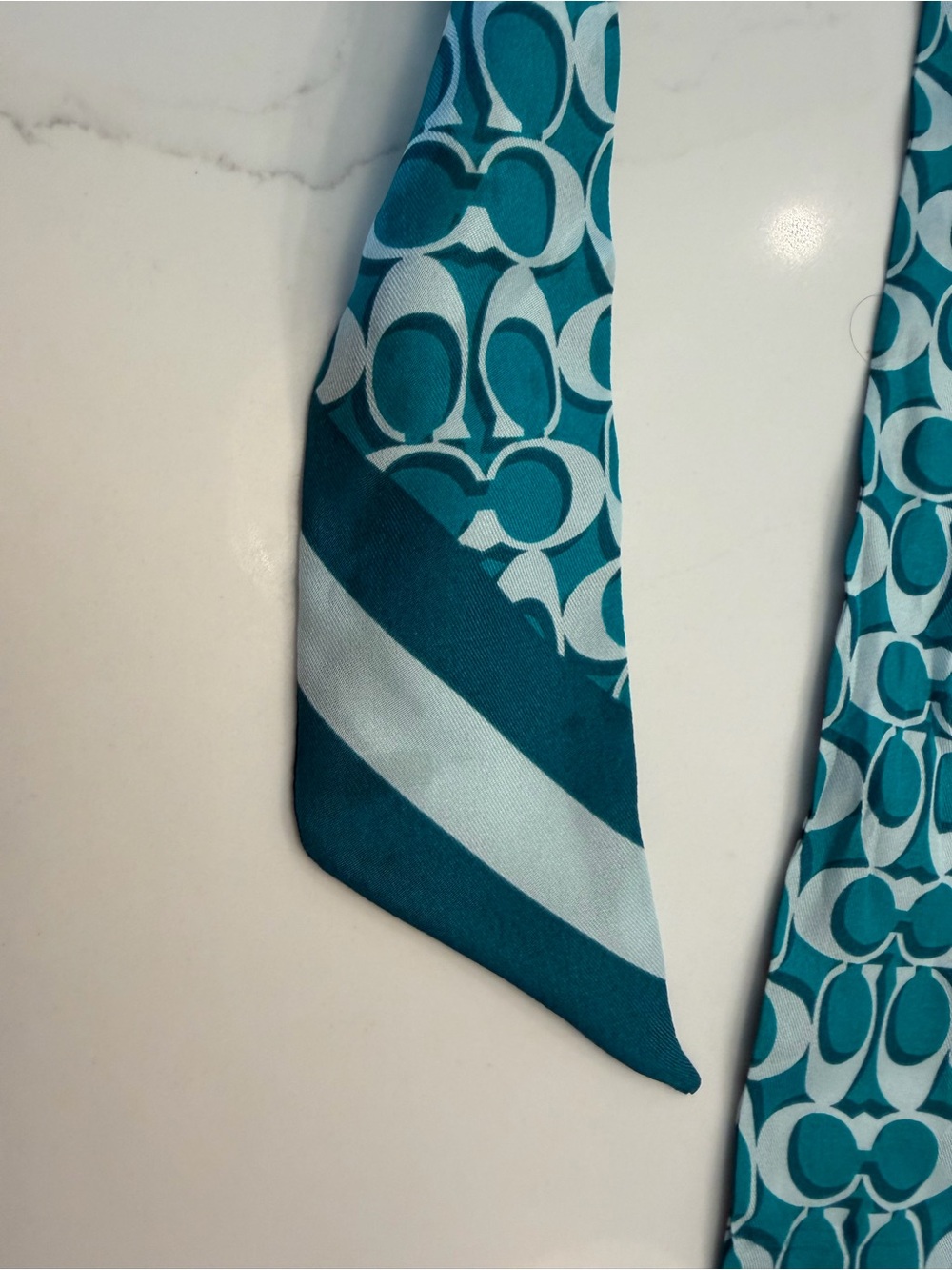 Coach Teal Logo-Print Silk Scarf Ribbon with Stripe Ends - Picture 4 of 6
